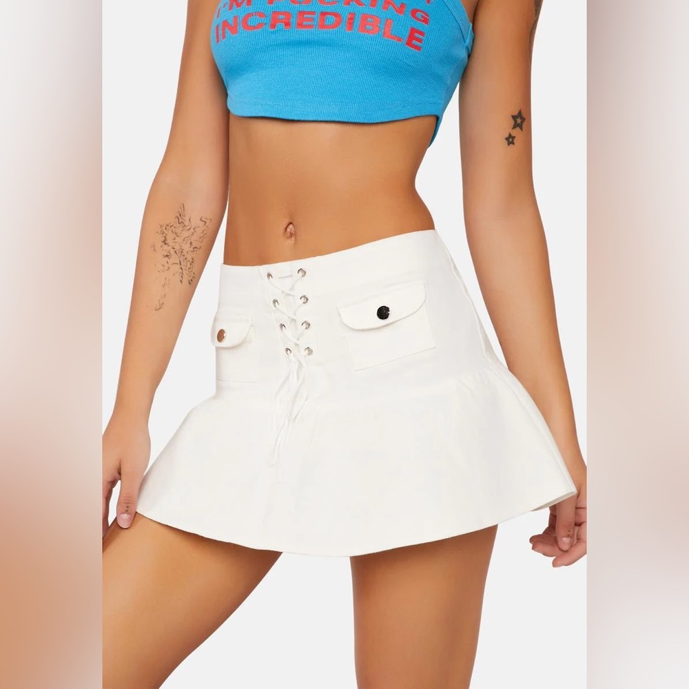Edikted Trumpet Lace-Up Denim Mini Skirt